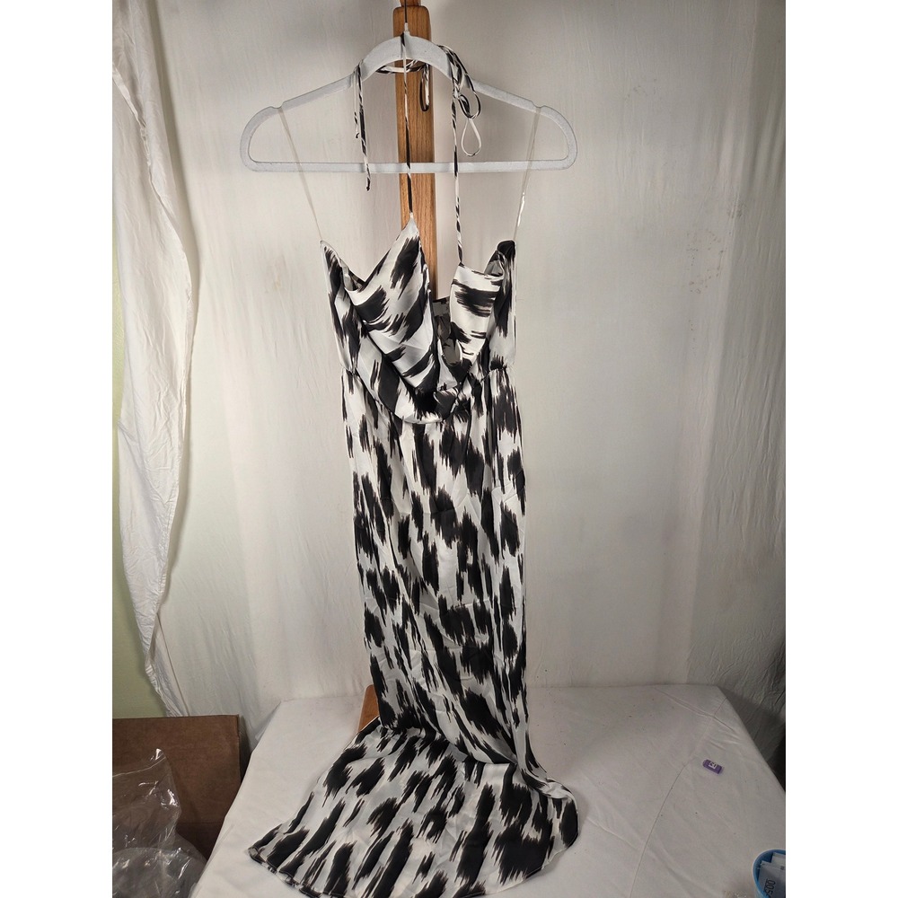 T-Bags Los Angeles Black White Ikat Halter Maxi Dress Cowl Neck Viscose Small